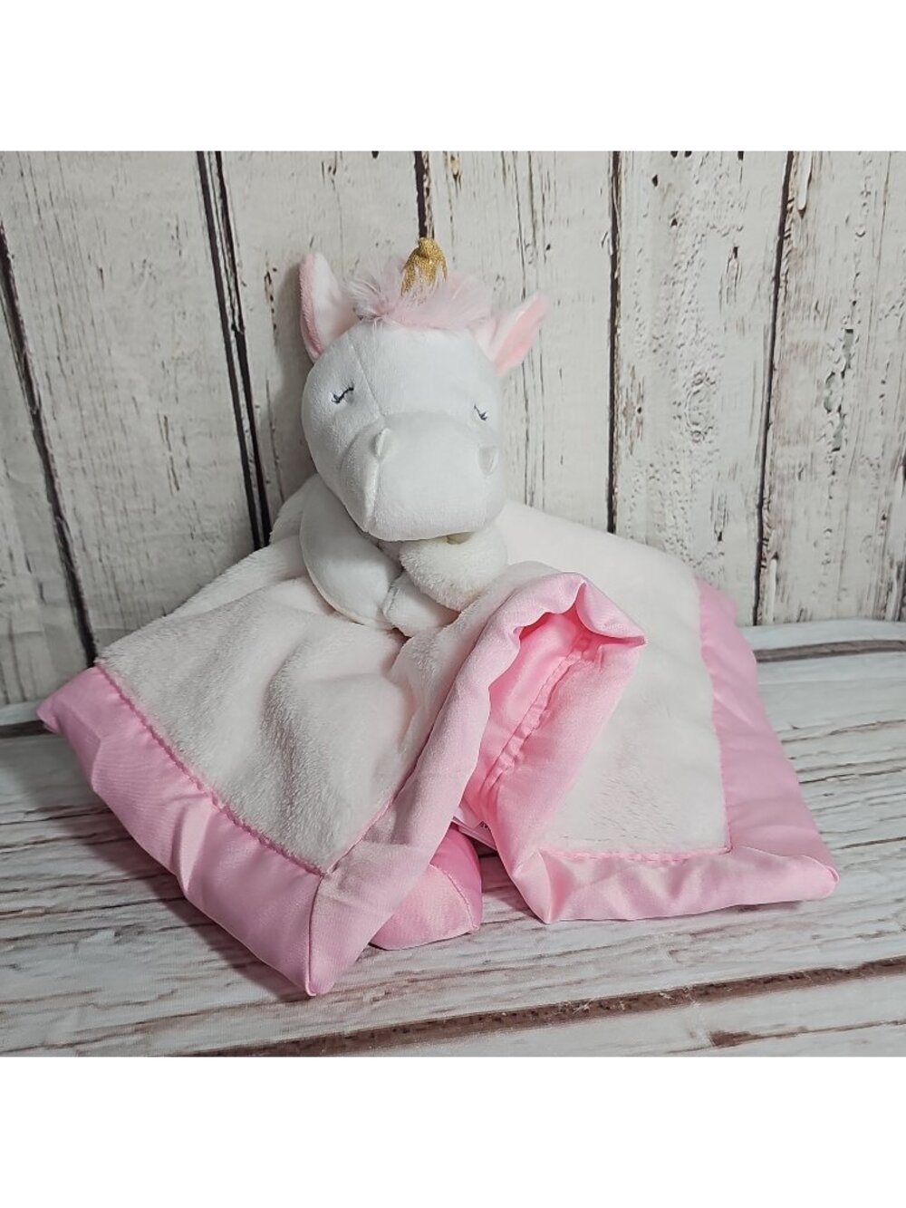 Carters White Unicorn Plush Pink Satin Trim Security Blanket Lovey Gold Horn